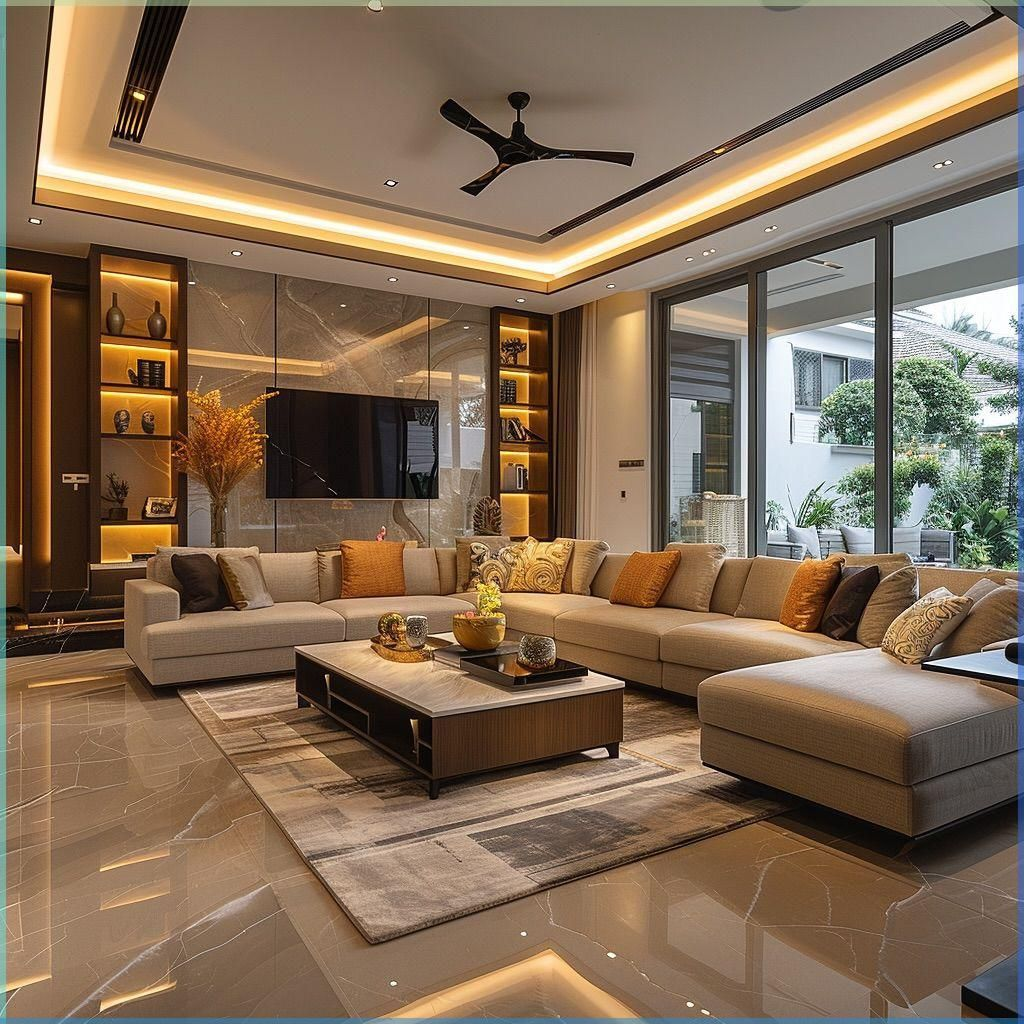 Luxury living room with elegant lighting, spacious seating, and modern sofa