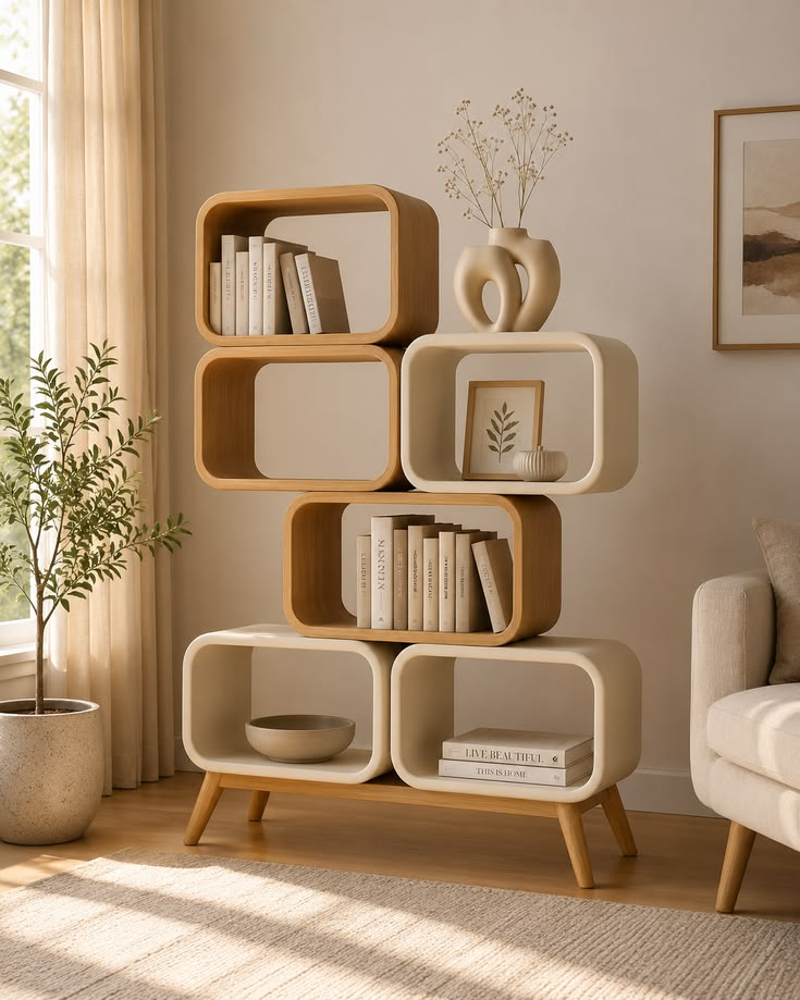Modern wooden display shelf showcasing premium interior design materials