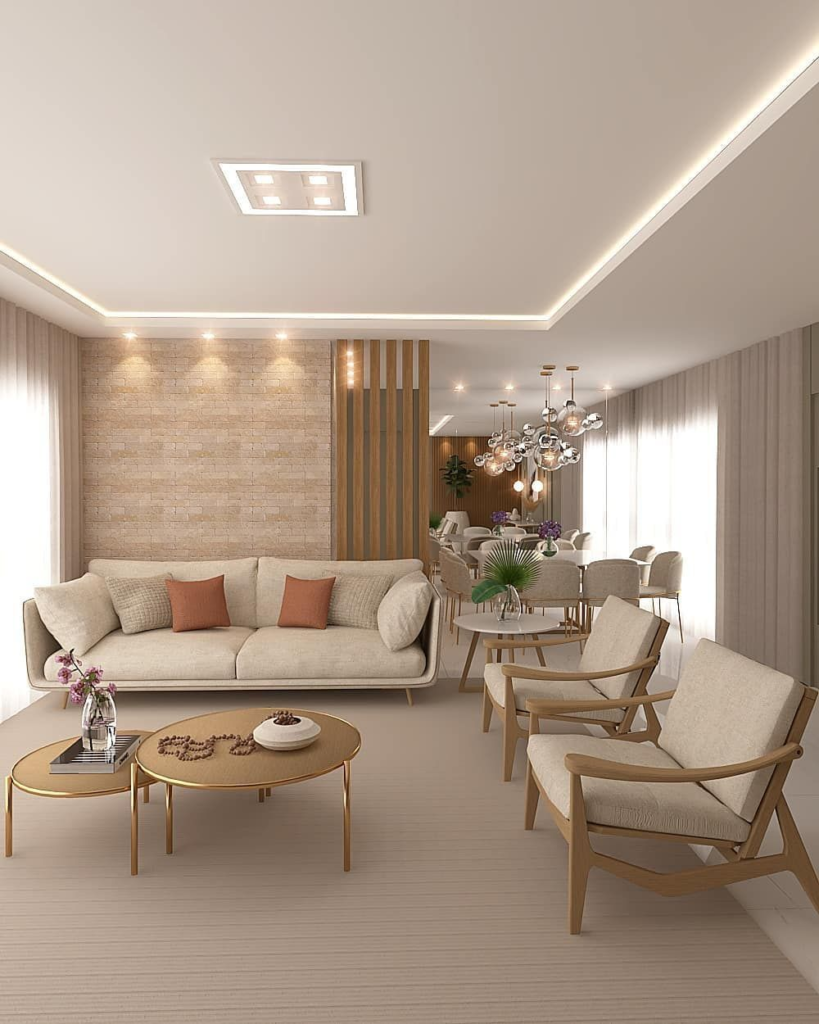 Modern living room with premium interior design materials and neutral colour palette