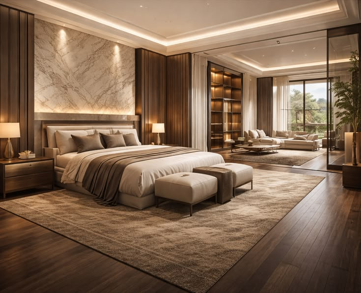 "Modern luxury bedroom with beige upholstered bed, wooden wall panels, pendant lights."