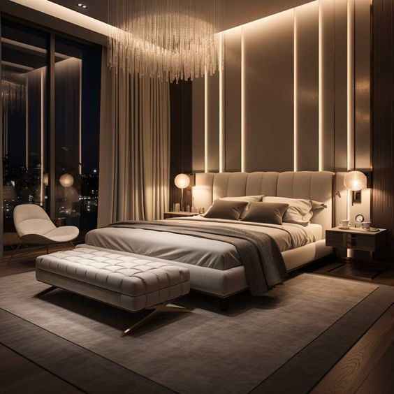 Modern luxury bedroom interior design with brown and beige colour palette