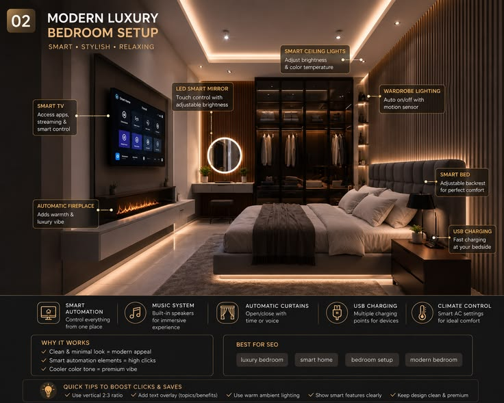 Smart technology integrated into a modern luxury bedroom interior